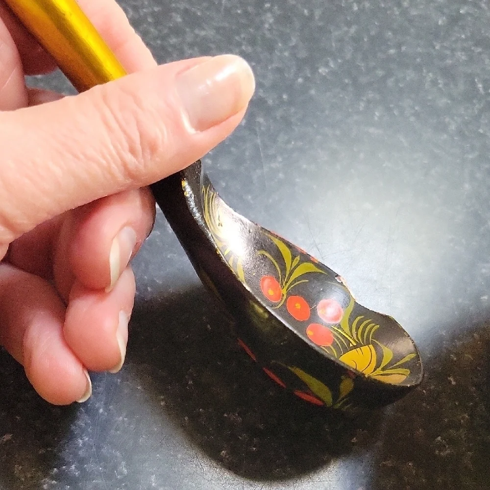 Russian Ukrainian Handcrafted Handpainted Yellow Black Flowers Bowl Spoon Wooden